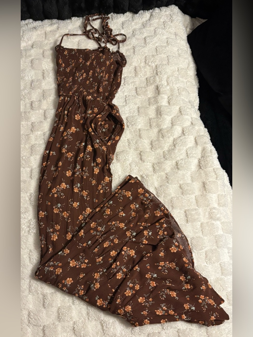 Brown Floral Smocked Wide-Leg Jumpsuit with Tie Straps - Picture 2 of 8